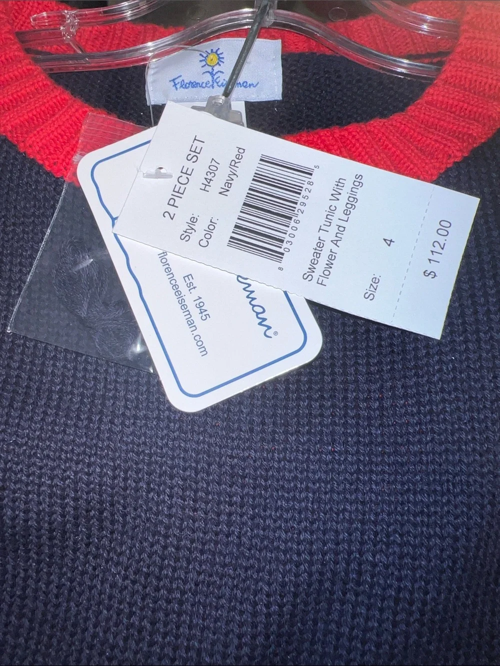 NWT Florence Eiseman Navy Sweater with Red Trim and Green Accent